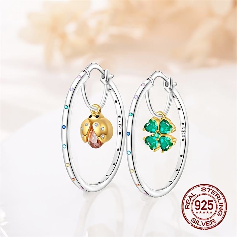 S925 Sterling Silver Clover Ladybug Earrings & Double Layer Hypoallergenic